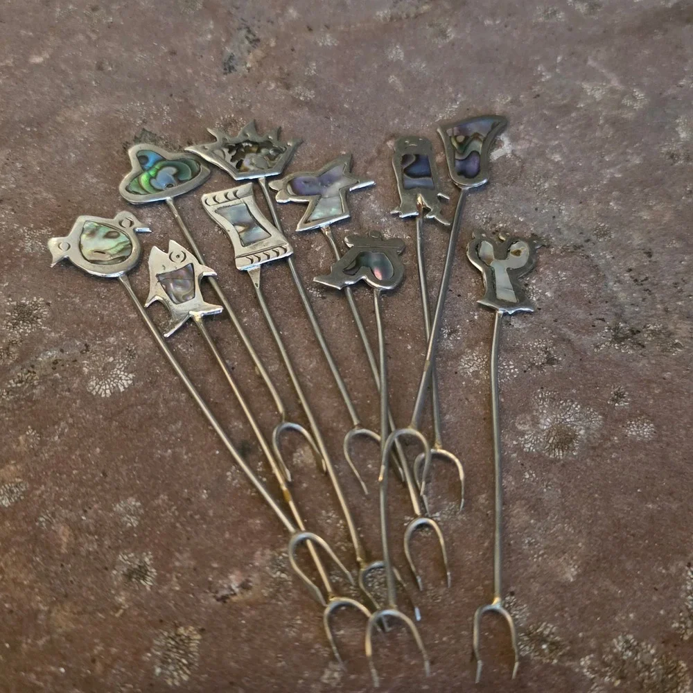 Vintage Alpaca Silver Abalone Inlay Cocktail Forks Set Mexican Cactus Bird Fish